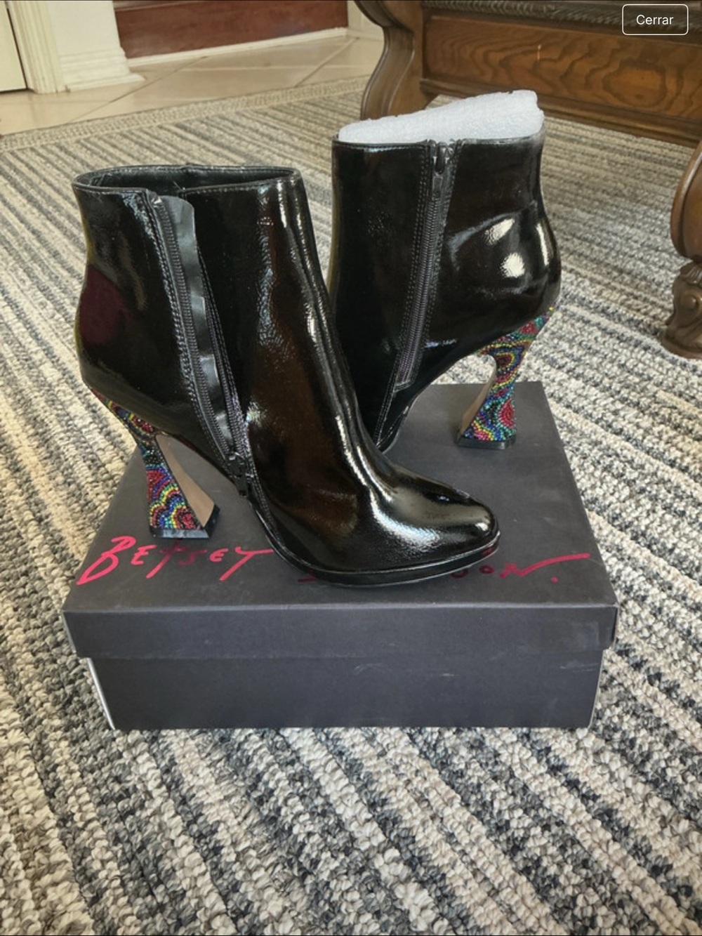 Betsey Johnson Black Patent Ankle Boots with Multicolor Beaded Curved Heel